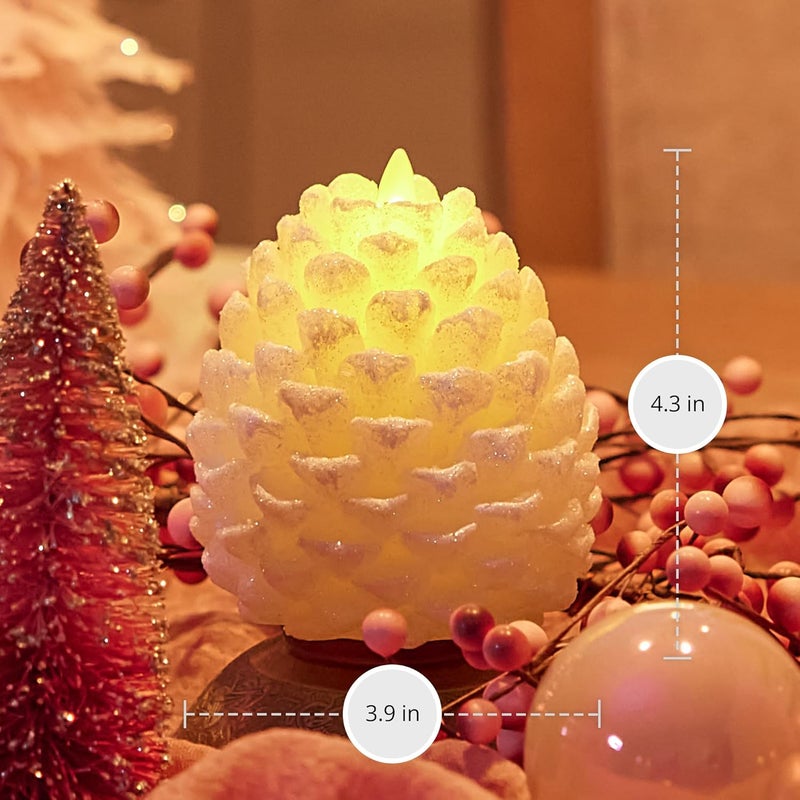 LUMINARA Pinecone Flameless Candle White Swan Glitter and Snow Finish Pine Cone Figural, Real Wax Unscented LED Candles, Battery Operated with Timer, Holiday Decoration (3.9" x 4.3") - Image 5